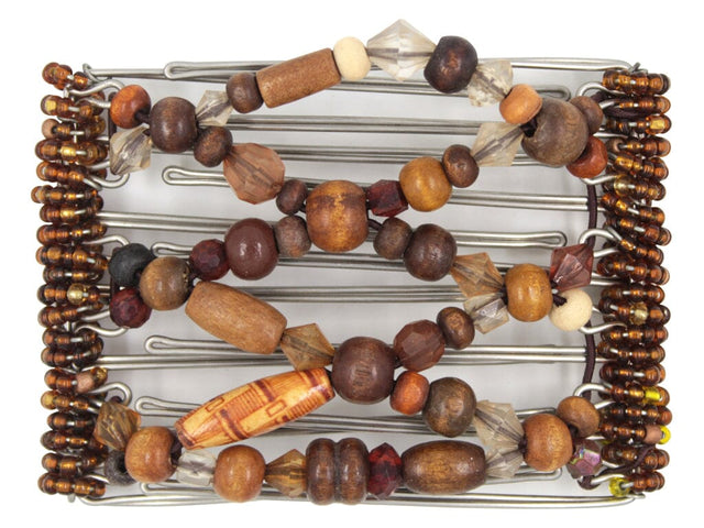African Butterfly Wire Hair Clip - 7 Tong 795 - natural dark and medium brown wood and acrylic beads, bronze Czech seed beads along the edges, white background