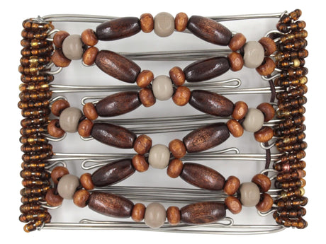 African Butterfly Wire Hair Clip - 7 Tong 796 - putty wood accent beads, honey brown wood beads, dark brown wood beads, bronze Czech seed beads along the edges, white background