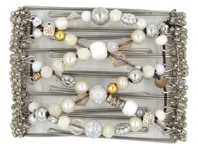African Butterfly Wire Hair Clip - 7 Tong 797 - clear beads, rustic white wood beads, gold and silver accents, white pearly beads, clear seed beads along the edges, white background