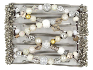 African Butterfly Wire Hair Clip - 7 Tong 797 - clear beads, rustic white wood beads, gold and silver accents, white pearly beads, clear seed beads along the edges, white background