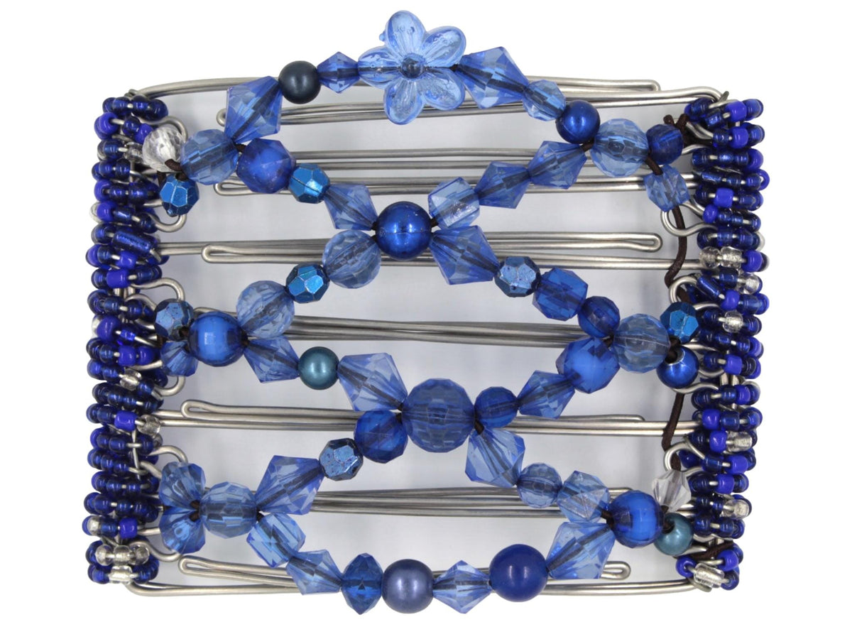 African Butterfly Wire Hair Clip - 7 Tong 798 - azure to deep navy blue acrylic beads in varied shapes and sizes, sapphire glass seed beads along the edges, white background