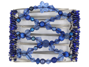 African Butterfly Wire Hair Clip - 7 Tong 798 - azure to deep navy blue acrylic beads in varied shapes and sizes, sapphire glass seed beads along the edges, white background