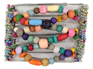 African Butterfly Wire Hair Clip - 7 Tong 799 - vibrant multicolored wood beads, white background