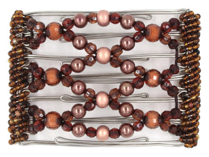 African Butterfly Wire Hair Clip - 7 Tong 800 - copper wood center beads, mahogany acrylic beads, creamy toffee pearl beads, chestnut acrylic beads, amber Czech seed beads along the edges, white background