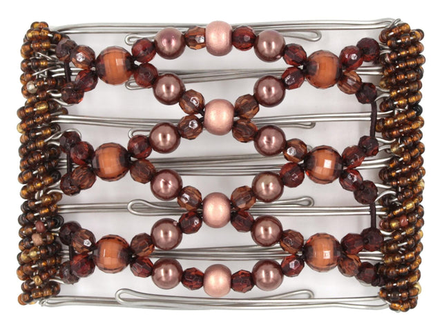 African Butterfly Wire Hair Clip - 7 Tong 800 - copper wood center beads, mahogany acrylic beads, creamy toffee pearl beads, chestnut acrylic beads, amber Czech seed beads along the edges, white background