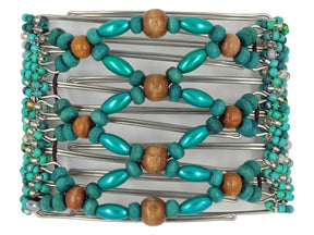 African Butterfly Wire Hair Clip - 7 Tong 802 - rustic milk chocolate brown wood beads at the center and sides, dark turquoise wood beads, dark turquoise pearl beads, teal, turquoise and clear Czech seed beads wrapped along the sides, white background
