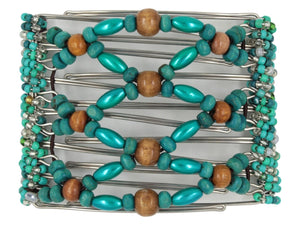 African Butterfly Wire Hair Clip - 7 Tong 802 - rustic milk chocolate brown wood beads at the center and sides, dark turquoise wood beads, dark turquoise pearl beads, teal, turquoise and clear Czech seed beads wrapped along the sides, white background
