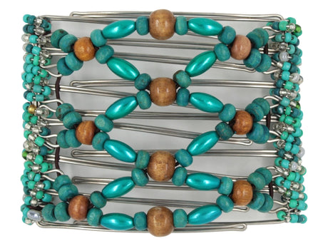 African Butterfly Wire Hair Clip - 7 Tong 802 - rustic milk chocolate brown wood beads at the center and sides, dark turquoise wood beads, dark turquoise pearl beads, teal, turquoise and clear Czech seed beads wrapped along the sides, white background