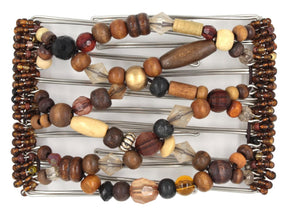 African Butterfly Wire Hair Clip - 7 Tong 804 - dark, medium, and light brown wood and acrylic beads, bronze Czech seed beads, white background