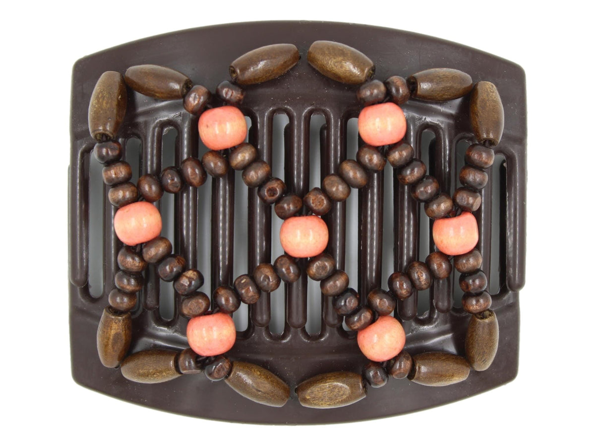 African Butterfly Thick Hair Comb - Ndebele Brown 185 - peachy pink wood accent beads, medium dark brown wood beads, white background