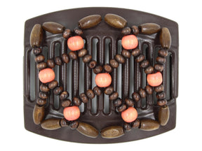 African Butterfly Thick Hair Comb - Ndebele Brown 185 - peachy pink wood accent beads, medium dark brown wood beads, white background