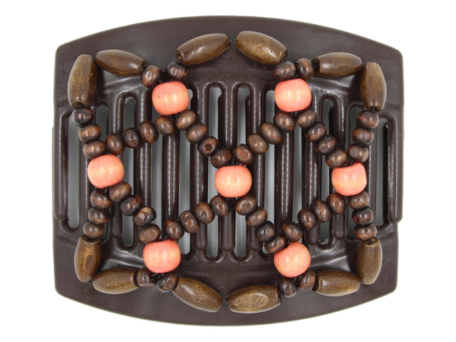 African Butterfly Thick Hair Comb - Ndebele Brown 185 - peachy pink wood accent beads, medium dark brown wood beads, white background