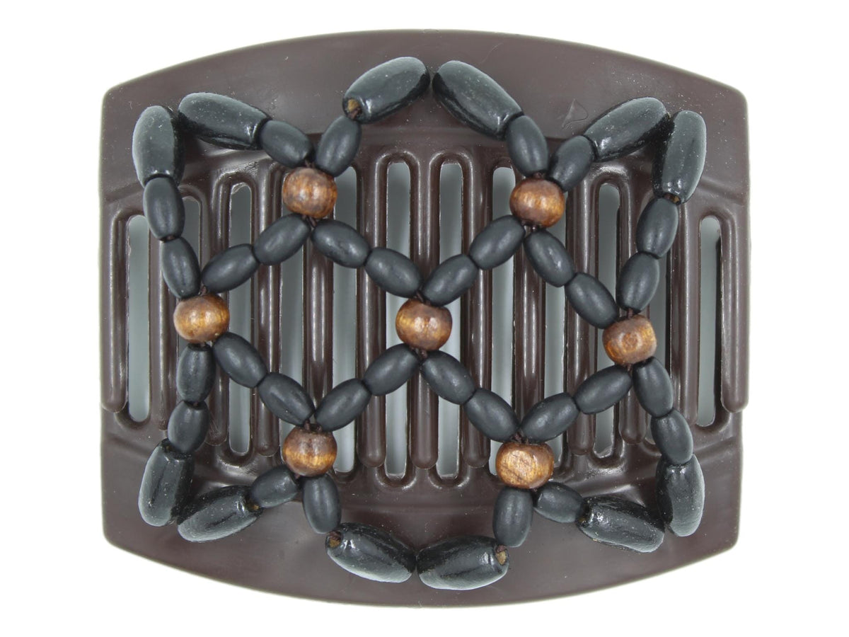 African Butterfly Thick Hair Comb - Ndebele Brown 186 - dark brown wood accent beads, black wood beads, white background