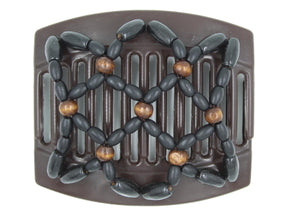 African Butterfly Thick Hair Comb - Ndebele Brown 186 - dark brown wood accent beads, black wood beads, white background