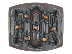 African Butterfly Thick Hair Comb - Ndebele Brown 186 - dark brown wood accent beads, black wood beads, white background