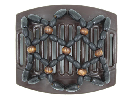 African Butterfly Thick Hair Comb - Ndebele Brown 186 - dark brown wood accent beads, black wood beads, white background