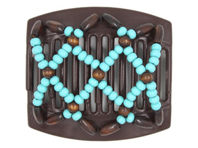 African Butterfly Thick Hair Comb - Ndebele Brown 187 - aqua blue wood beads, dark brown wood beads, white background