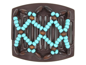 African Butterfly Thick Hair Comb - Ndebele Brown 187 - aqua blue wood beads, dark brown wood beads, white background