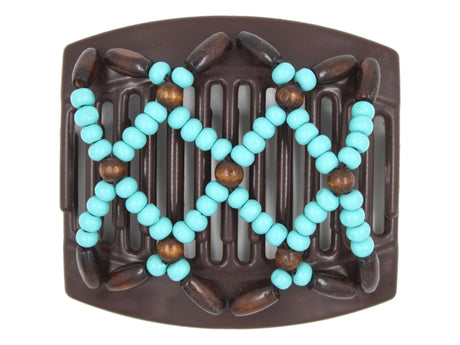 African Butterfly Thick Hair Comb - Ndebele Brown 187 - aqua blue wood beads, dark brown wood beads, white background