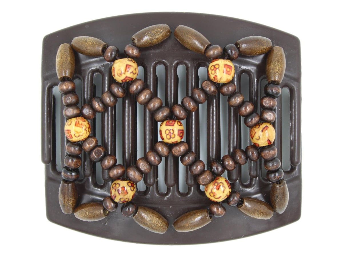 African Butterfly Thick Hair Comb - Ndebele Brown 188 - large boho accent wood beads, dark brown wood beads, white background