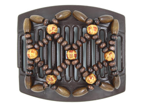 African Butterfly Thick Hair Comb - Ndebele Brown 188 - large boho accent wood beads, dark brown wood beads, white background