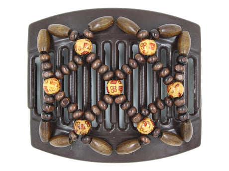 African Butterfly Thick Hair Comb - Ndebele Brown 188 - large boho accent wood beads, dark brown wood beads, white background