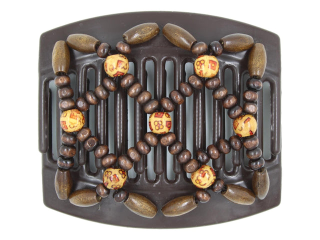 African Butterfly Thick Hair Comb - Ndebele Brown 188 - large boho accent wood beads, dark brown wood beads, white background