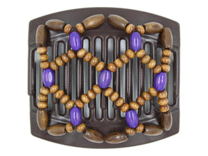 African Butterfly Thick Hair Comb - Ndebele Brown 189 - medium dark brown wood beads, violet wood accent beads, white background