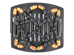 African Butterfly Hair Comb - Ndebele Black 144 - black wood beads, boho-style wood beads, white background