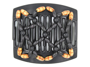 African Butterfly Hair Comb - Ndebele Black 144 - black wood beads, boho-style wood beads, white background