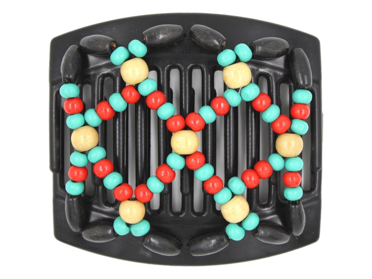 African Butterfly Hair Comb - Ndebele Black 145 - cherry red, cream, teal & black wood beads, white background