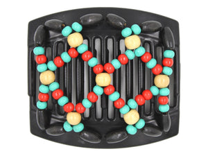African Butterfly Hair Comb - Ndebele Black 145 - cherry red, cream, teal & black wood beads, white background