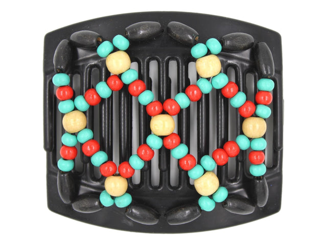 African Butterfly Hair Comb - Ndebele Black 145 - cherry red, cream, teal & black wood beads, white background
