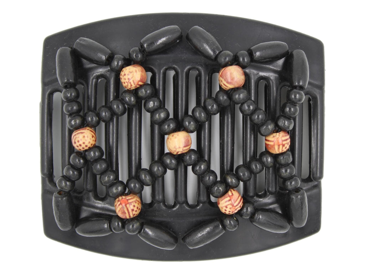 African Butterfly Hair Comb - Ndebele Black 146 - boho-style wood beads, black wood beads, white background