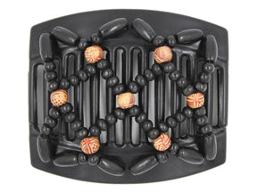 African Butterfly Hair Comb - Ndebele Black 146 - boho-style wood beads, black wood beads, white background