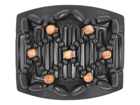African Butterfly Hair Comb - Ndebele Black 146 - boho-style wood beads, black wood beads, white background