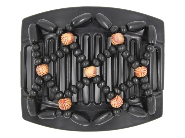 African Butterfly Hair Comb - Ndebele Black 146 - boho-style wood beads, black wood beads, white background