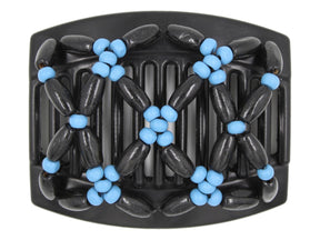 African Butterfly Hair Comb - Ndebele Black 144 - cerulean blue wood beads, black  wood beads, white background