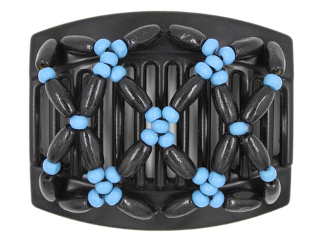 African Butterfly Hair Comb - Ndebele Black 144 - cerulean blue wood beads, black  wood beads, white background