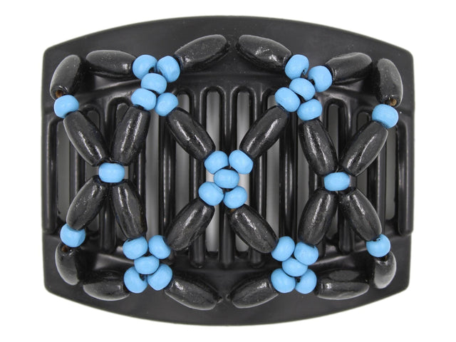 African Butterfly Hair Comb - Ndebele Black 144 - cerulean blue wood beads, black  wood beads, white background