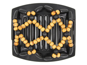 African Butterfly Hair Comb - Ndebele Black 148 - boho-style wood beads, black wood beads, white background