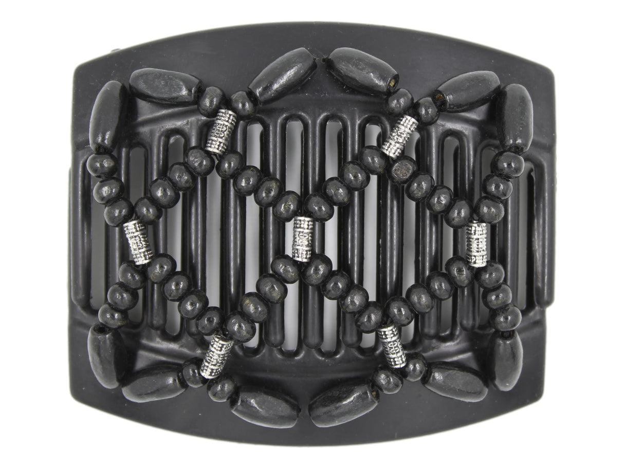 African Butterfly Hair Comb - Ndebele Black 149 - silver beads, black wood beads, white background
