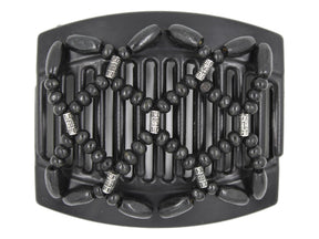 African Butterfly Hair Comb - Ndebele Black 149 - silver beads, black wood beads, white background