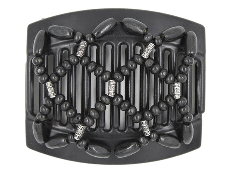 African Butterfly Hair Comb - Ndebele Black 149 - silver beads, black wood beads, white background