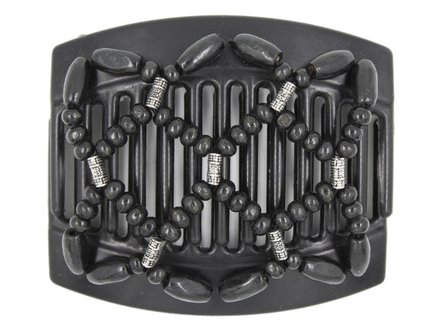 African Butterfly Hair Comb - Ndebele Black 149 - silver beads, black wood beads, white background