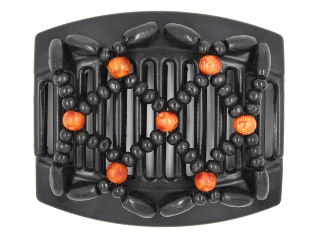 African Butterfly Hair Comb - Ndebele Black 150 - burnt orange boho wood beads, black  wood beads, white background