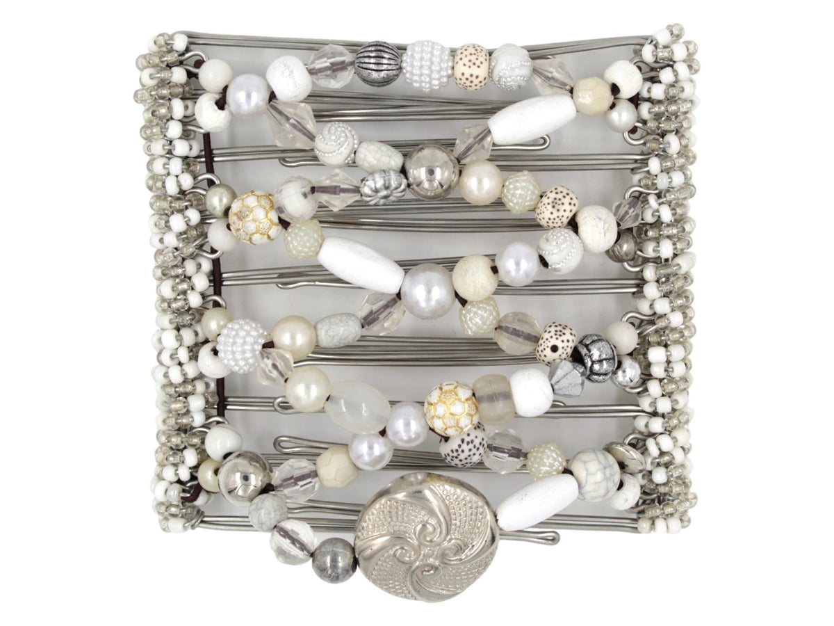 African Butterfly Wire Hair Clip - 9 Tong 1000 - white acrylic beads, white wood beads, white pearl beads, clear beads, white beads with gold, and silver beads, white background