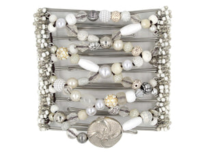 African Butterfly Wire Hair Clip - 9 Tong 1000 - white acrylic beads, white wood beads, white pearl beads, clear beads, white beads with gold, and silver beads, white background