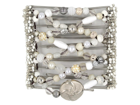 African Butterfly Wire Hair Clip - 9 Tong 1000 - white acrylic beads, white wood beads, white pearl beads, clear beads, white beads with gold, and silver beads, white background