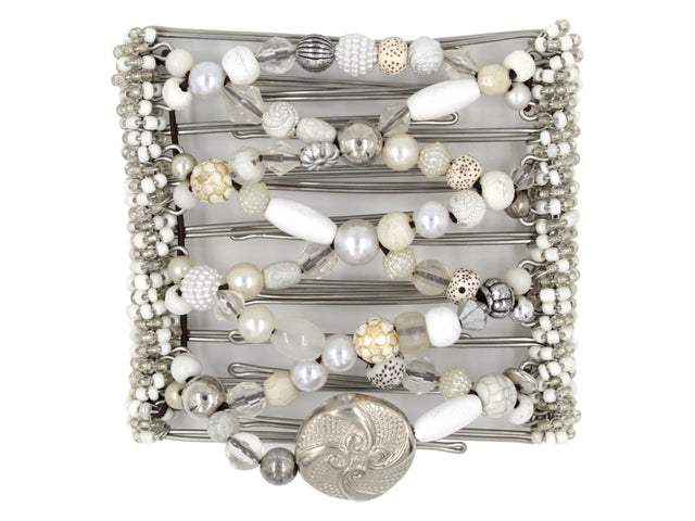 African Butterfly Wire Hair Clip - 9 Tong 1000 - white acrylic beads, white wood beads, white pearl beads, clear beads, white beads with gold, and silver beads, white background